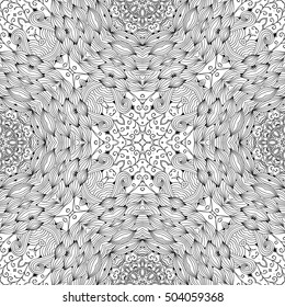 Tracery seamless calming pattern. Mehndi design. Ethnic monochrome binary doodle texture. Curved doodling black and white background. Vector.