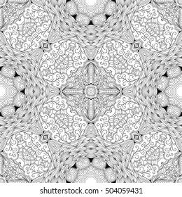 Tracery seamless calming pattern. Mehndi design. Ethnic monochrome binary doodle texture. Curved doodling black and white background. Vector.