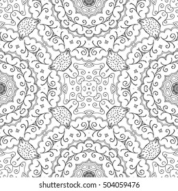 Tracery seamless calming pattern. Mehndi design. Ethnic monochrome binary doodle texture. Curved doodling black and white background. Vector.