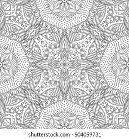 Tracery seamless calming pattern. Mehndi design. Ethnic monochrome binary doodle texture. Curved doodling black and white background. Vector.