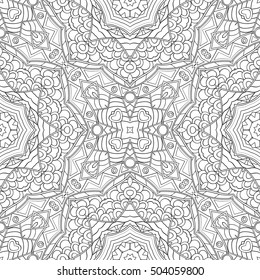 Tracery seamless calming pattern. Mehndi design. Ethnic monochrome binary doodle texture. Curved doodling black and white background. Vector.