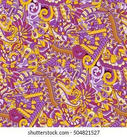 Tracery seamless calming pattern. Mehndi design. Ethnic colorful doodle texture. Curved doodling background. Vector.