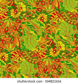 Tracery seamless calming pattern. Mehndi design. Ethnic colorful doodle texture. Curved doodling background. Vector.