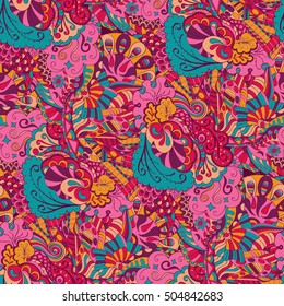 Tracery seamless calming pattern. Mehndi design. Ethnic colorful doodle texture. Curved doodling background. Vector.