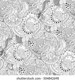 Tracery seamless calming pattern. Mehndi design. Ethnic monochrome binary doodle texture. Curved doodling black and white background. Vector.