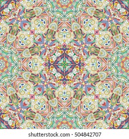 Tracery seamless calming pattern. Mehndi design. Ethnic colorful doodle texture. Curved doodling background. Vector.