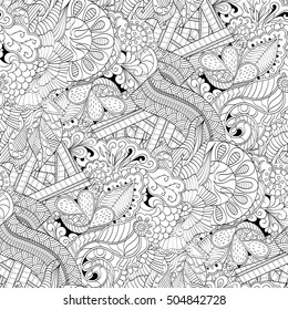 Tracery seamless calming pattern. Mehndi design. Ethnic monochrome binary doodle texture. Curved doodling black and white background. Vector.