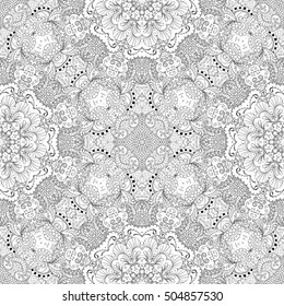 Tracery seamless calming pattern. Mehndi design. Ethnic monochrome binary doodle texture. Curved doodling black and white background. Vector.