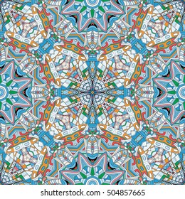 Tracery seamless calming pattern. Mehndi design. Ethnic colorful doodle texture. Curved doodling background. Vector.