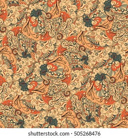 Tracery seamless calming pattern. Mehndi design. Ethnic colorful doodle texture. Curved doodling background. Vector.