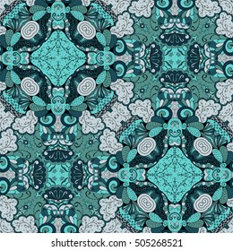 Tracery seamless calming pattern. Mehndi design. Ethnic colorful doodle texture. Curved doodling background. Vector.