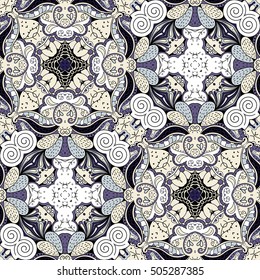 Tracery seamless calming pattern. Mehndi design. Ethnic colorful doodle texture. Curved doodling background. Vector.