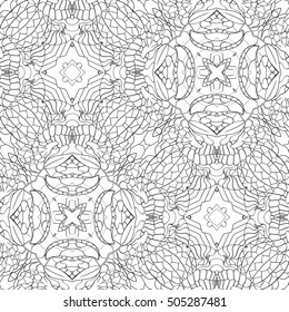 Tracery seamless calming pattern. Mehndi design. Ethnic monochrome binary doodle texture. Curved doodling black and white background. Vector.