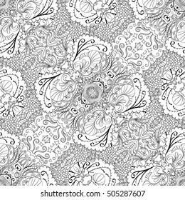 Tracery seamless calming pattern. Mehndi design. Ethnic monochrome binary doodle texture. Curved doodling black and white background. Vector.