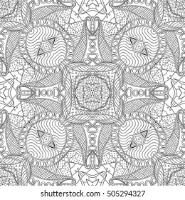 Tracery seamless calming pattern. Mehndi design. Ethnic monochrome binary doodle texture. Curved doodling black and white background. Vector.