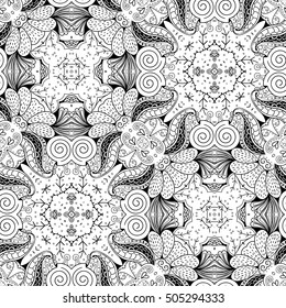 Tracery seamless calming pattern. Mehndi design. Ethnic monochrome binary doodle texture. Curved doodling black and white background. Vector.