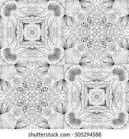 Tracery seamless calming pattern. Mehndi design. Ethnic monochrome binary doodle texture. Curved doodling black and white background. Vector.