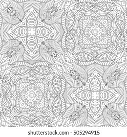 Tracery seamless calming pattern. Mehndi design. Ethnic monochrome binary doodle texture. Curved doodling black and white background. Vector.