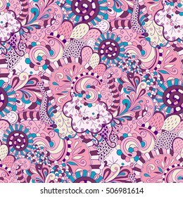 Tracery seamless calming pattern. Mehndi design. Ethnic colorful doodle texture. Curved doodling background. Vector.