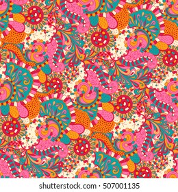 Tracery seamless calming pattern. Mehndi design. Ethnic colorful doodle texture. Curved doodling background. Vector.