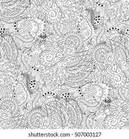 Tracery seamless calming pattern. Mehndi design. Ethnic monochrome binary doodle texture. Curved doodling black and white background. Vector.