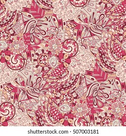 Tracery seamless calming pattern. Mehndi design. Ethnic colorful doodle texture. Curved doodling background. Vector.