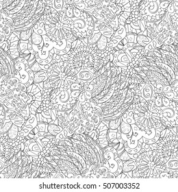 Tracery seamless calming pattern. Mehndi design. Ethnic monochrome binary doodle texture. Curved doodling black and white background. Vector.