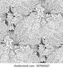 Tracery seamless calming pattern. Mehndi design. Ethnic monochrome binary doodle texture. Curved doodling black and white background. Vector.
