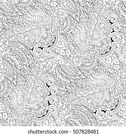 Tracery seamless calming pattern. Mehndi design. Ethnic monochrome binary doodle texture. Curved doodling black and white background. Vector.
