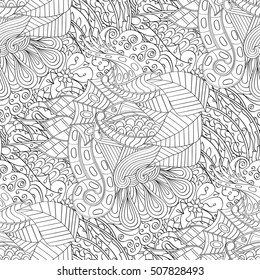 Tracery seamless calming pattern. Mehndi design. Ethnic monochrome binary doodle texture. Curved doodling black and white background. Vector.