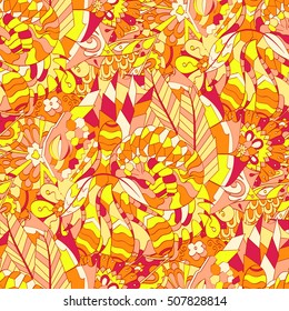Tracery seamless calming pattern. Mehndi design. Ethnic colorful doodle texture. Curved doodling background. Vector.