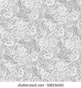 Tracery seamless calming pattern. Mehndi design. Ethnic monochrome binary doodle texture. Curved doodling black and white background. Vector.
