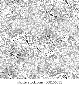 Tracery seamless calming pattern. Mehndi design. Ethnic monochrome binary doodle texture. Curved doodling black and white background. Vector.
