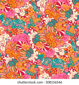 Tracery seamless calming pattern. Mehndi design. Ethnic colorful doodle texture. Curved doodling background. Vector.