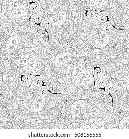 Tracery seamless calming pattern. Mehndi design. Ethnic monochrome binary doodle texture. Curved doodling black and white background. Vector.