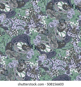 Tracery seamless calming pattern. Mehndi design. Ethnic colorful doodle texture. Curved doodling background. Vector.