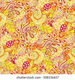 Tracery seamless calming pattern. Mehndi design. Ethnic colorful doodle texture. Curved doodling background. Vector.