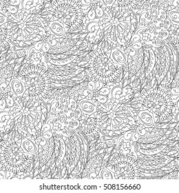 Tracery seamless calming pattern. Mehndi design. Ethnic monochrome binary doodle texture. Curved doodling black and white background. Vector.