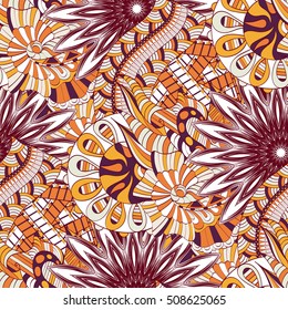 Tracery seamless calming pattern. Mehndi design. Ethnic colorful doodle texture. Curved doodling background. Vector.