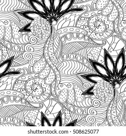 Tracery seamless calming pattern. Mehndi design. Ethnic monochrome binary doodle texture. Curved doodling black and white background. Vector.