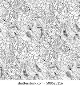 Tracery seamless calming pattern. Mehndi design. Ethnic monochrome binary doodle texture. Curved doodling black and white background. Vector.