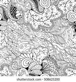 Tracery seamless calming pattern. Mehndi design. Neat even monochrome binary harmonious texture. Algae sea motif. Ethnically indifferent. Ambiguous usable bracing, curved doodling mehendi. Vector.