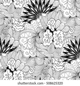 Tracery seamless calming pattern. Mehndi design. Ethnic monochrome binary doodle texture. Curved doodling black and white background. Vector.