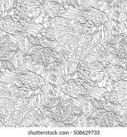Tracery seamless calming pattern. Mehndi design. Ethnic monochrome binary doodle texture. Curved doodling black and white background. Vector.