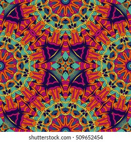 Tracery seamless calming pattern. Mehndi design. Ethnic colorful doodle texture. Curved doodling background. Vector.