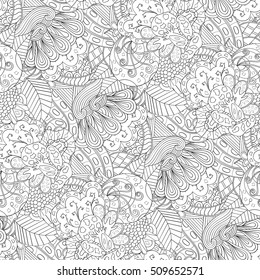 Tracery seamless calming pattern. Mehndi design. Ethnic monochrome binary doodle texture. Curved doodling black and white background. Vector.