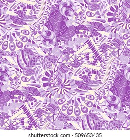 Tracery seamless calming pattern. Mehndi design. Ethnic colorful doodle texture. Curved doodling background. Vector.