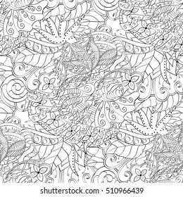 Tracery seamless calming pattern. Mehndi design. Ethnic monochrome binary doodle texture. Curved doodling black and white background. Vector.