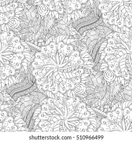 Tracery seamless calming pattern. Mehndi design. Ethnic monochrome binary doodle texture. Curved doodling black and white background. Vector.