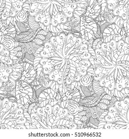 Tracery seamless calming pattern. Mehndi design. Ethnic monochrome binary doodle texture. Curved doodling black and white background. Vector.